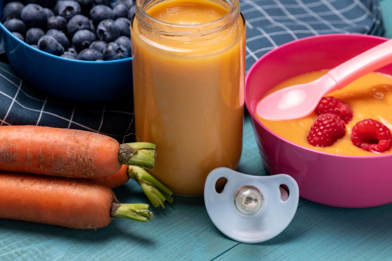 high-angle-baby-food-with-carrots-blueberries